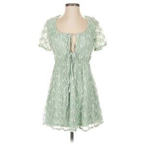 Baevely Boutique Blue Boho Floral Embroidered Ruffle women Swing Dress sz M